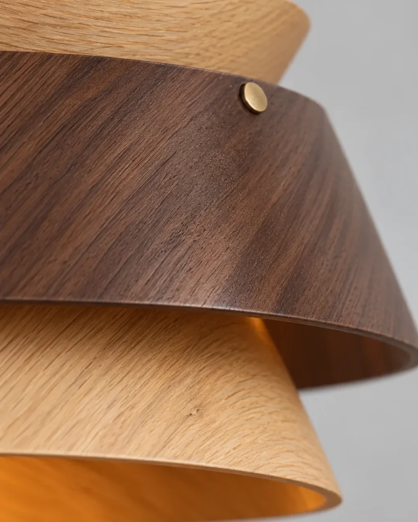 Lampada a sospensione KOMA, legno a gradini – dettaglio delle venature del legno e del fissaggio color oro
