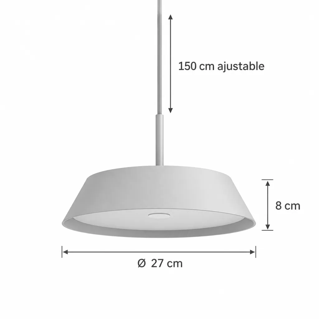 Hängelampe ZURA, Flacher Holzschirm mit Messingstange, einzeln oder doppelt – Masszeichnung Ø 27 cm, Höhe 8 cm, Kabel 150 cm verstellbar