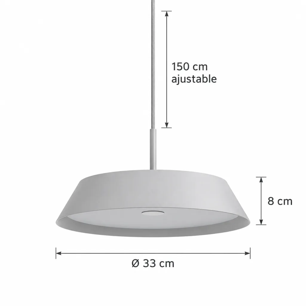 Hängelampe ZURA, Flacher Holzschirm mit Messingstange, einzeln oder doppelt – Masszeichnung Ø 33 cm, Höhe 8 cm, Kabel 150 cm verstellbar