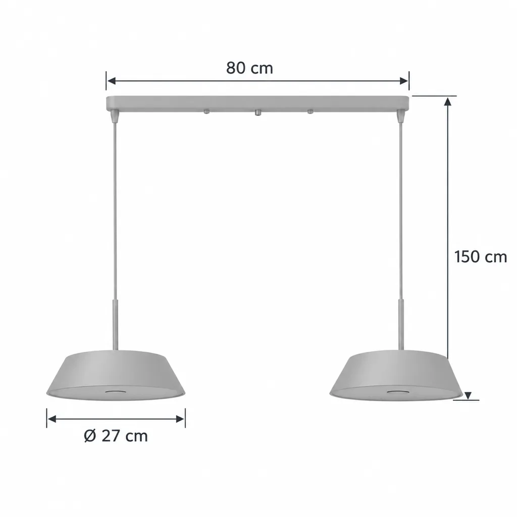 Hängelampe ZURA, Flacher Holzschirm mit Messingstange, einzeln oder doppelt – Masszeichnung Doppelpendel: Schiene 80 cm, Ø 27 cm, Höhe 150 cm