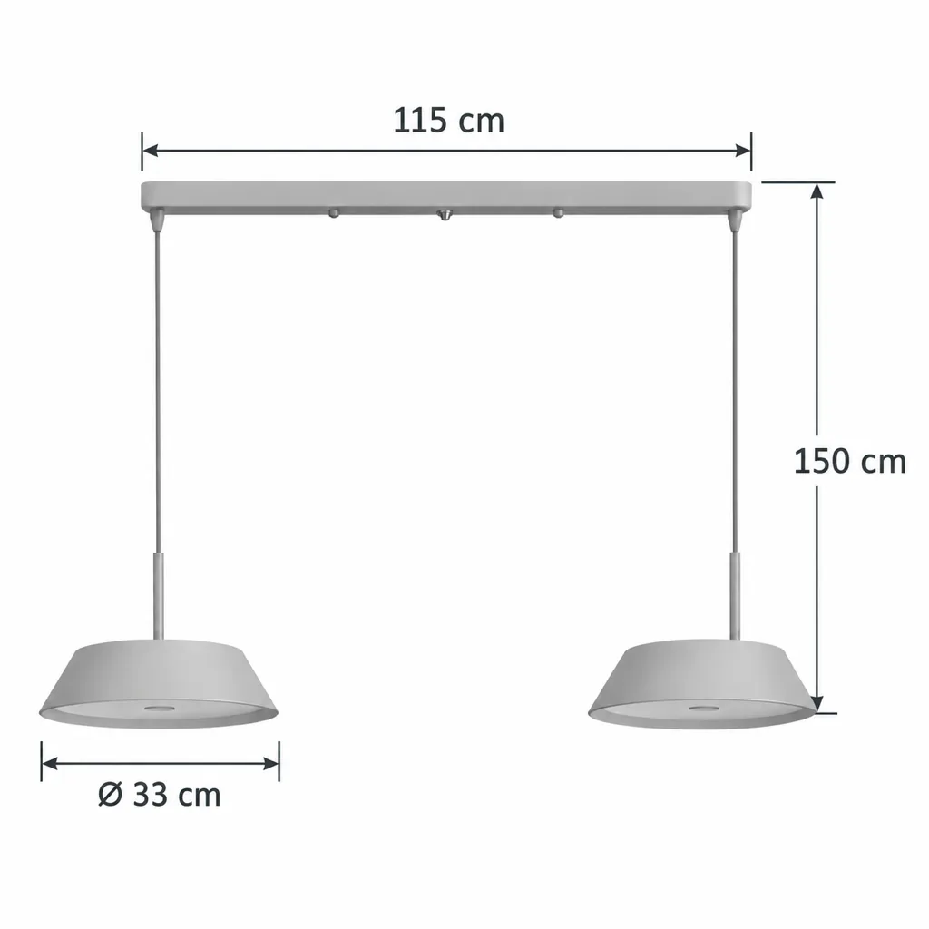 Hängelampe ZURA, Flacher Holzschirm mit Messingstange, einzeln oder doppelt – Masszeichnung Doppelpendel: Schiene 115 cm, Ø 33 cm, Höhe 150 cm