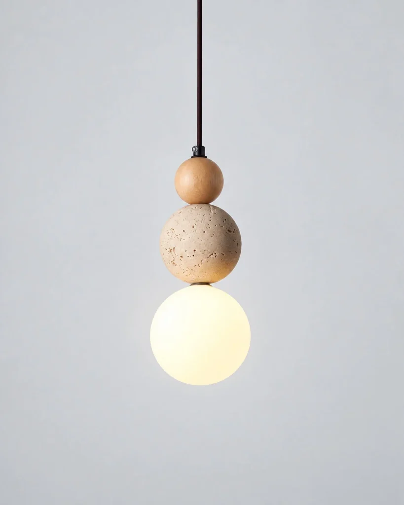 Hängelampe aus Holz, Travertin und Glas COBA – Rund / Helles Holz, Produktfoto