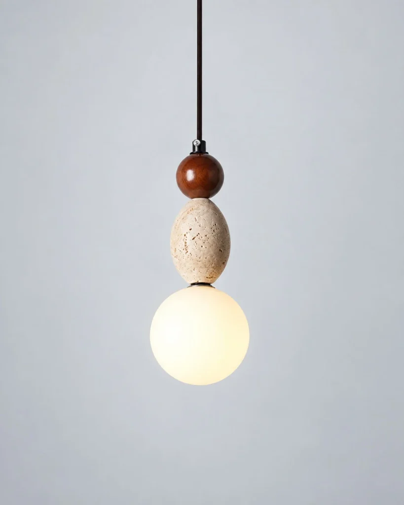 Hängelampe aus Holz, Travertin und Glas COBA – Zylindrisch / Dunkles Holz, Produktfoto