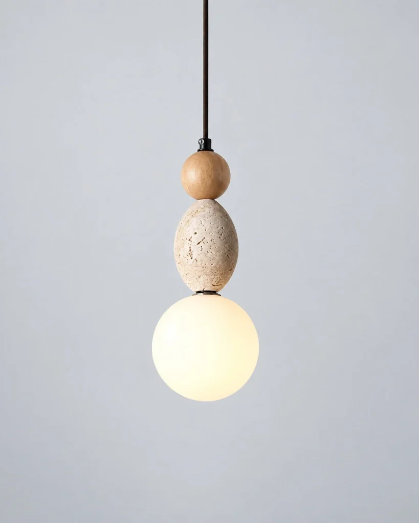 Hängelampe aus Holz, Travertin und Glas COBA – Zylindrisch / Helles Holz, Produktfoto