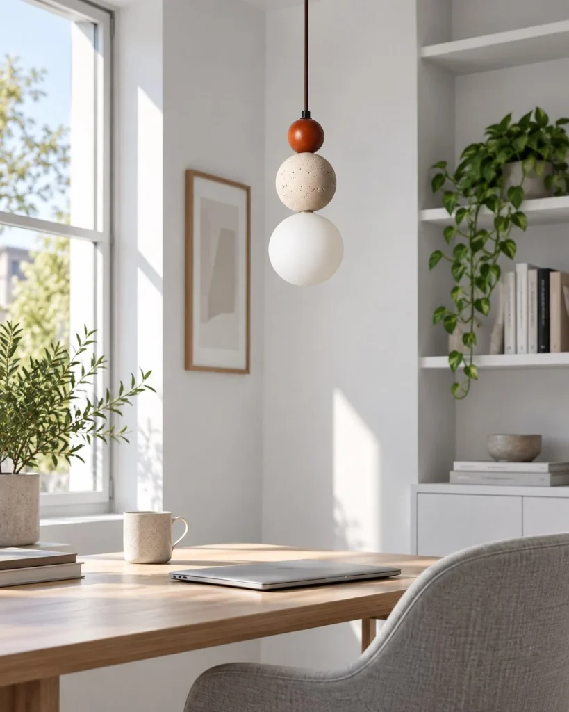 Hängelampe aus Holz, Travertin und Glas COBA – Wohnambiente bei Tageslicht