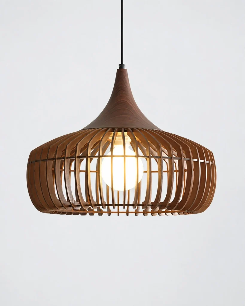 Hängelampe mit durchbrochener Holzkuppel WALWOOD – 55 cm / Dunkles Holz, Produktfoto