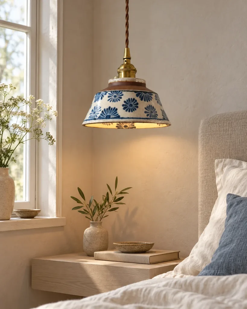 Hängelampe SAVI, bemalter Keramikschirm mit Messingfassung – neben dem Bett im Schlafzimmer, Tageslicht