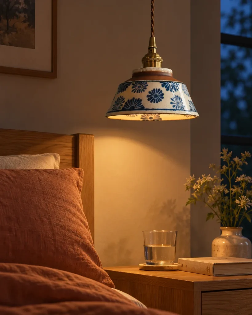 Hängelampe SAVI, bemalter Keramikschirm mit Messingfassung – über dem Nachttisch im Schlafzimmer, Abendlicht