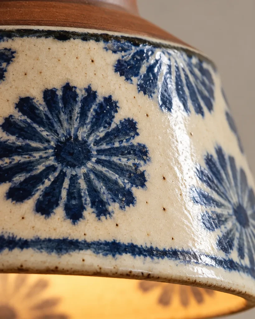 Hängelampe SAVI, bemalter Keramikschirm mit Messingfassung – Detailansicht der Glasur und des Blumenmusters in Indigo