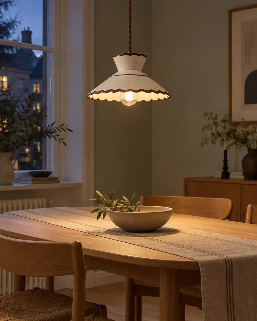 Hängelampe LUKI, weisse Keramik mit braun gesäumtem Festonrand – über einem Esstisch aus Holz, Abendlicht