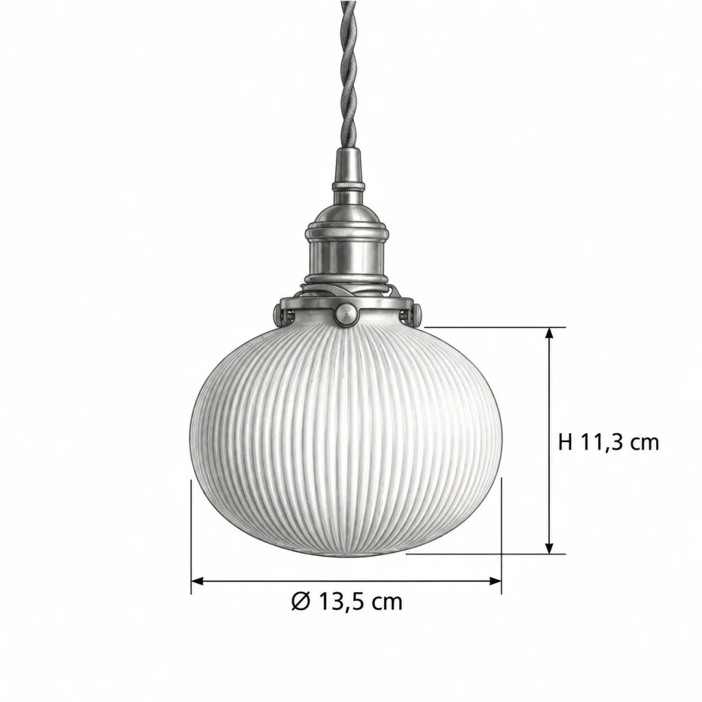 Hängelampe mit gerilltem Keramikschirm GUAKI – Masszeichnung Ø 13,5 cm, H 11,3 cm