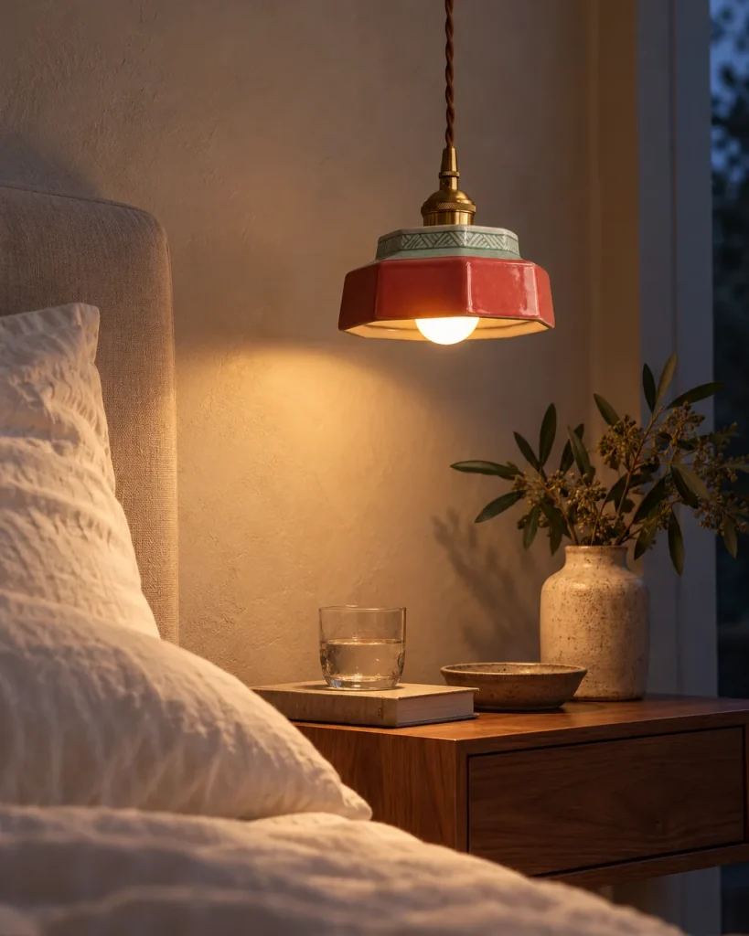 Hängelampe VIKA, kleine glasierte Keramik im Retro-Stil – neben dem Bett im Schlafzimmer, Abendlicht