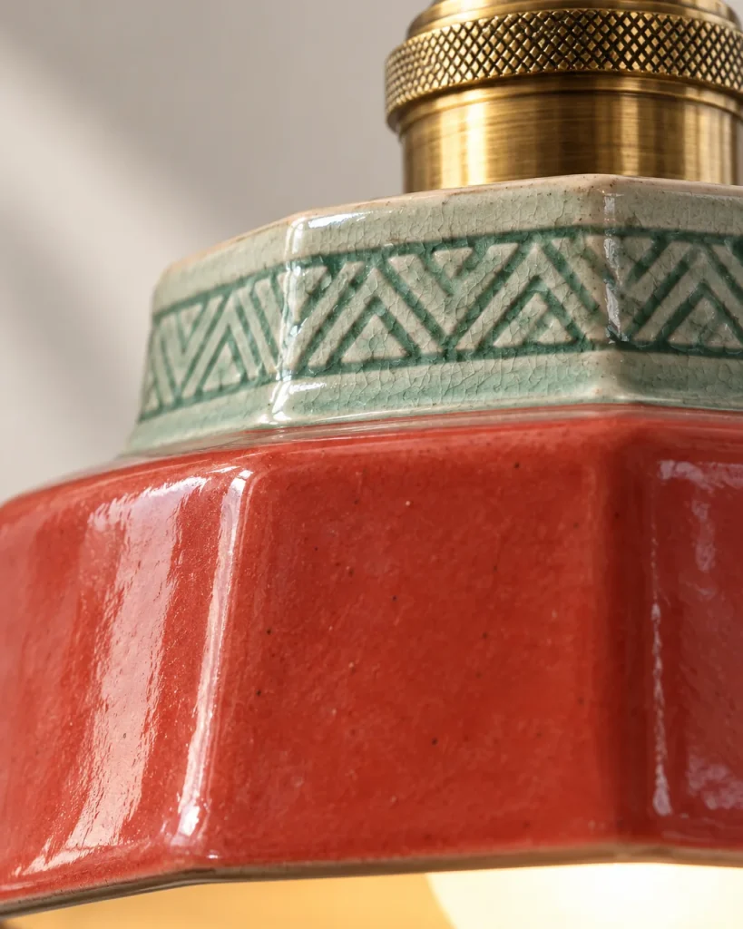 Hängelampe VIKA, kleine glasierte Keramik im Retro-Stil – Detailansicht der roten Glasur, des gemusterten Kragens und der Messingfassung