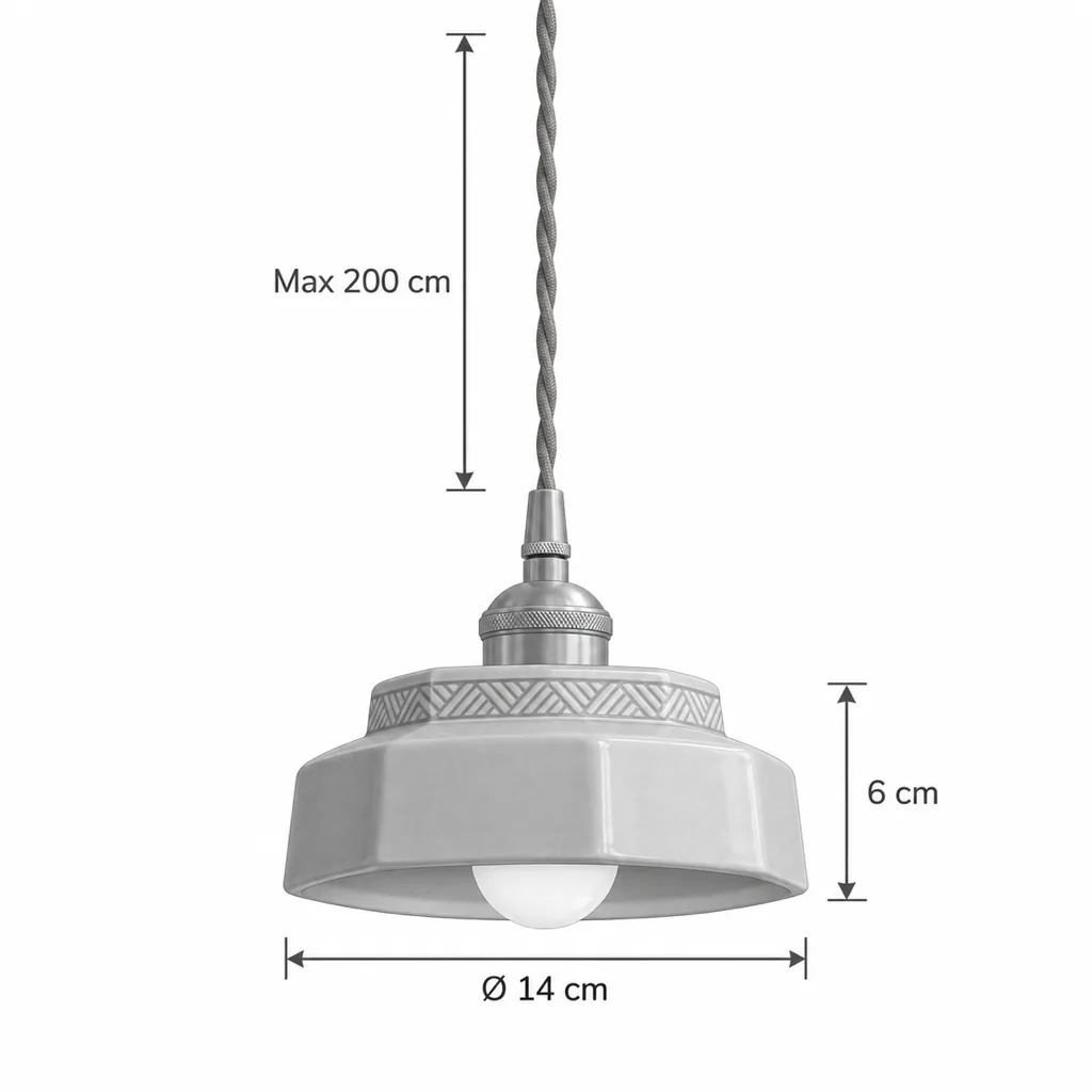Hängelampe VIKA, kleine glasierte Keramik im Retro-Stil – Masszeichnung Ø 14 cm, Höhe 6 cm, Kabel max. 200 cm