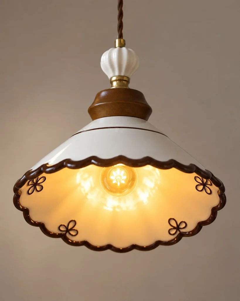 Hängelampe aus Keramik mit Nussbaumakzent SLIKO – Dunkler Wellenrand und inneres Blumenornament