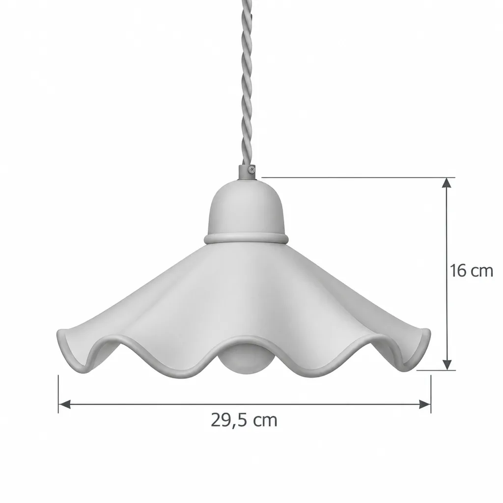 Hängelampe KATO, weisse Keramik mit braunem Wellenrand – Masszeichnung Marquise, Breite 29,5 cm, Höhe 16 cm