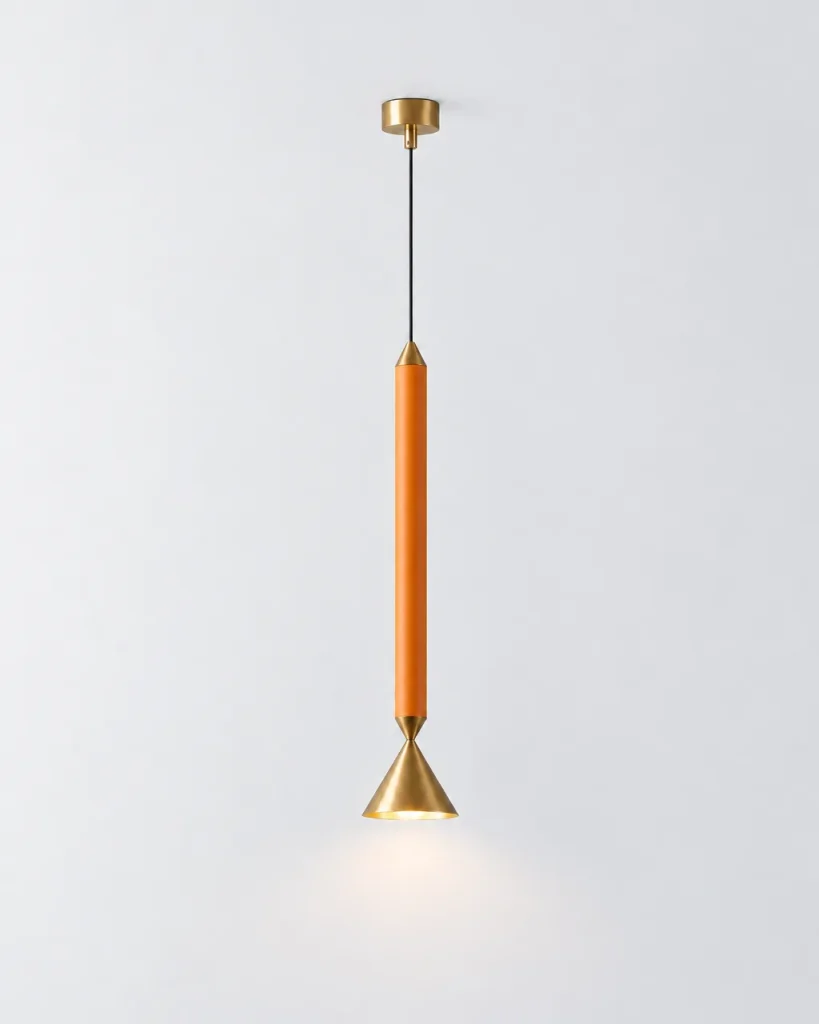 Lampada a sospensione PINA, asta laccata con cono in metallo, LED – ottone & arancione, foto prodotto