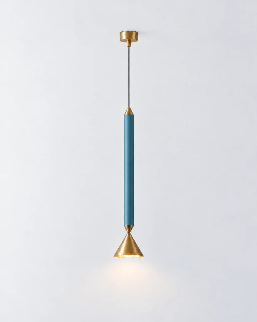 Lampada a sospensione PINA, asta laccata con cono in metallo, LED – ottone & blu, foto prodotto