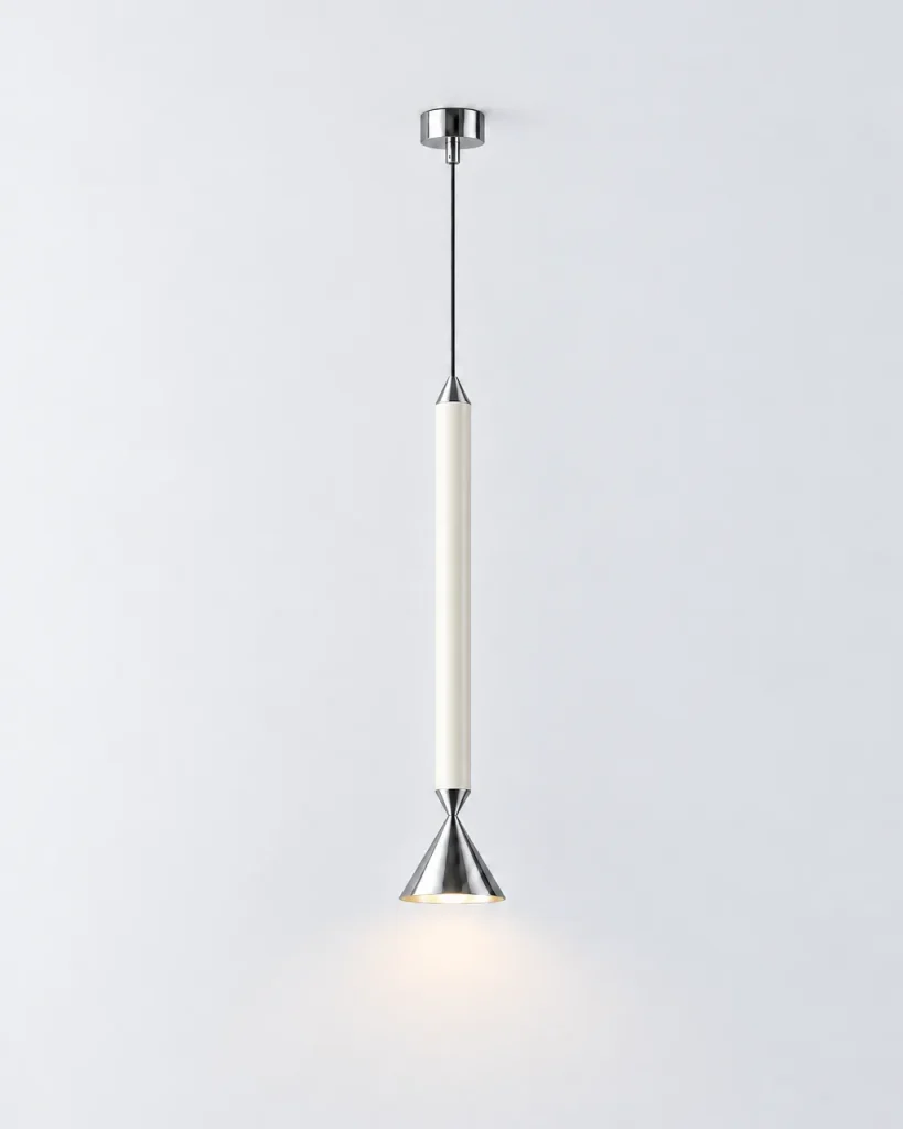 Lampada a sospensione PINA, asta laccata con cono in metallo, LED – cromo & bianco, foto prodotto