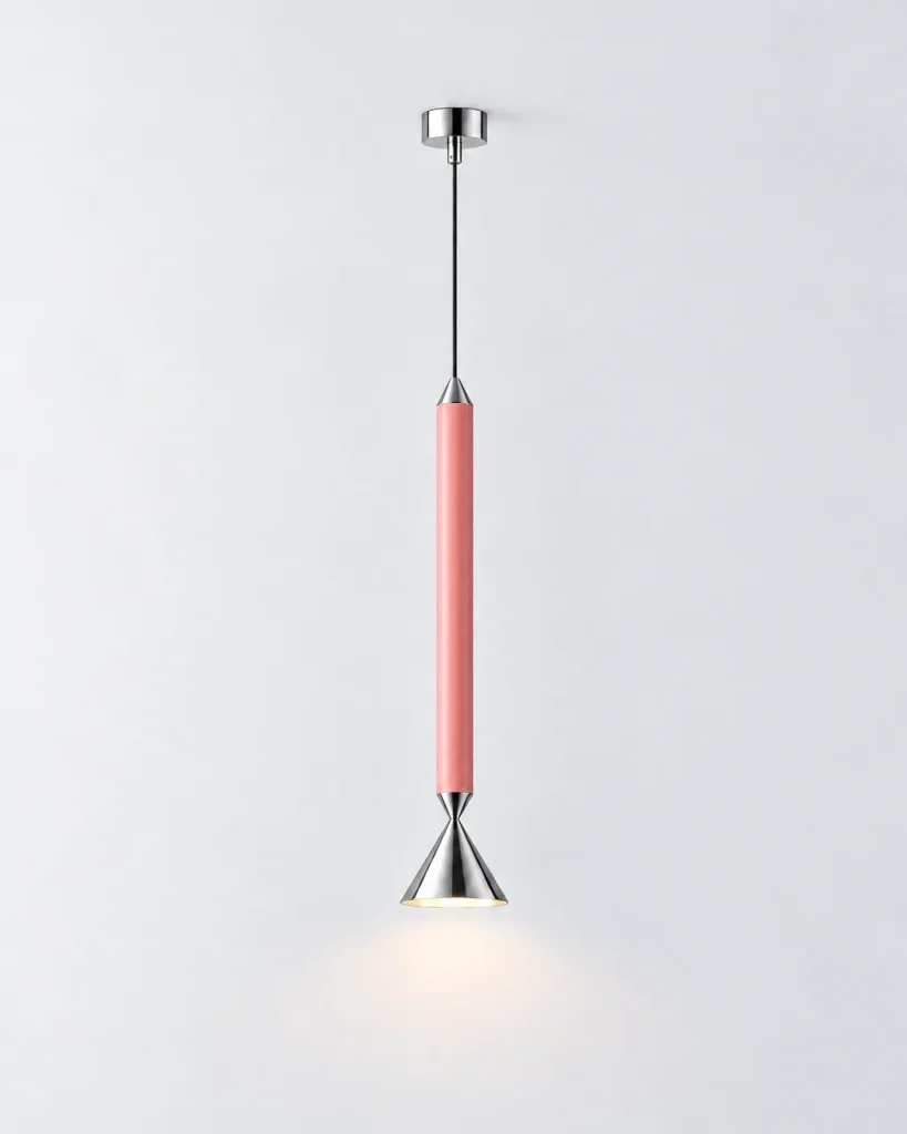 Lampada a sospensione PINA, asta laccata con cono in metallo, LED – cromo & rosa, foto prodotto