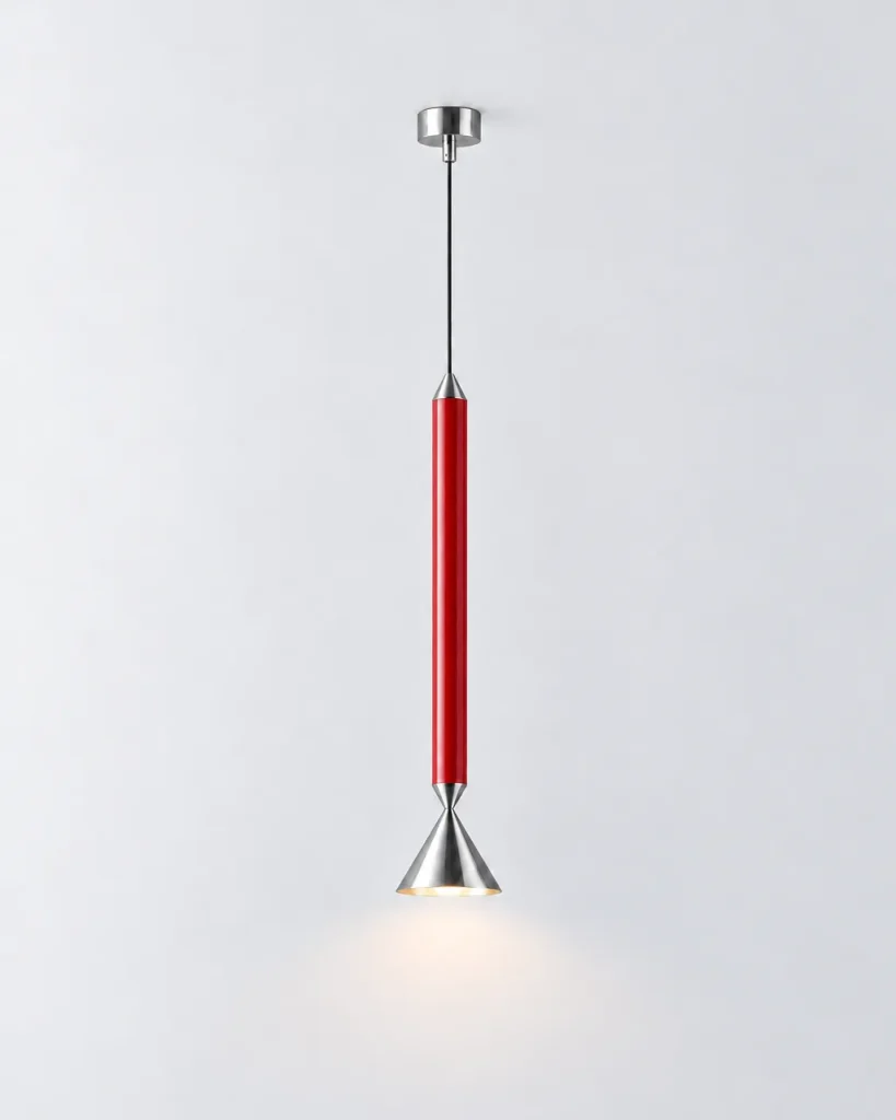 Lampada a sospensione PINA, asta laccata con cono in metallo, LED – cromo & rosso, foto prodotto