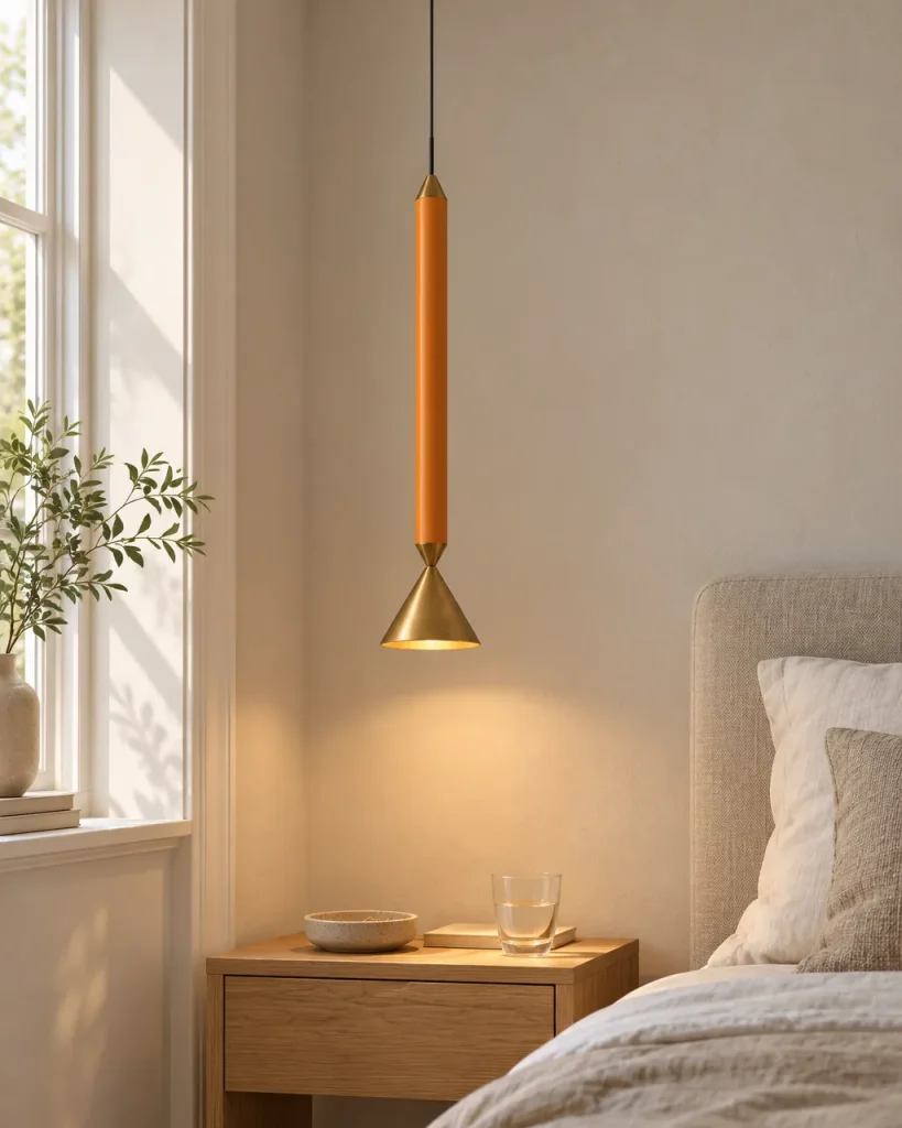 Lampada a sospensione PINA, asta laccata con cono in metallo, LED – accanto al letto in camera, luce diurna