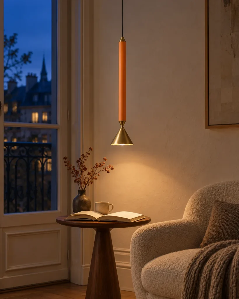 Lampada a sospensione PINA, asta laccata con cono in metallo, LED – nell'angolo lettura del soggiorno, luce serale