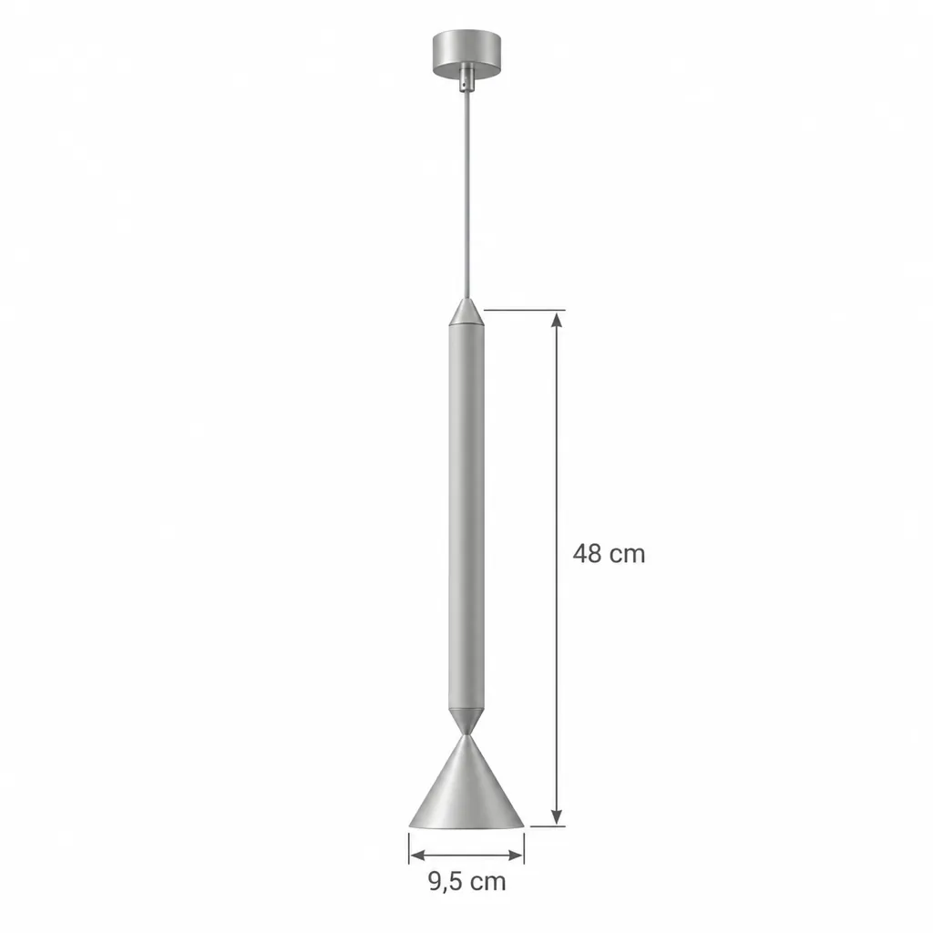 Lampada a sospensione PINA, asta laccata con cono in metallo – disegno tecnico con misure altezza 48 cm, larghezza 9,5 cm