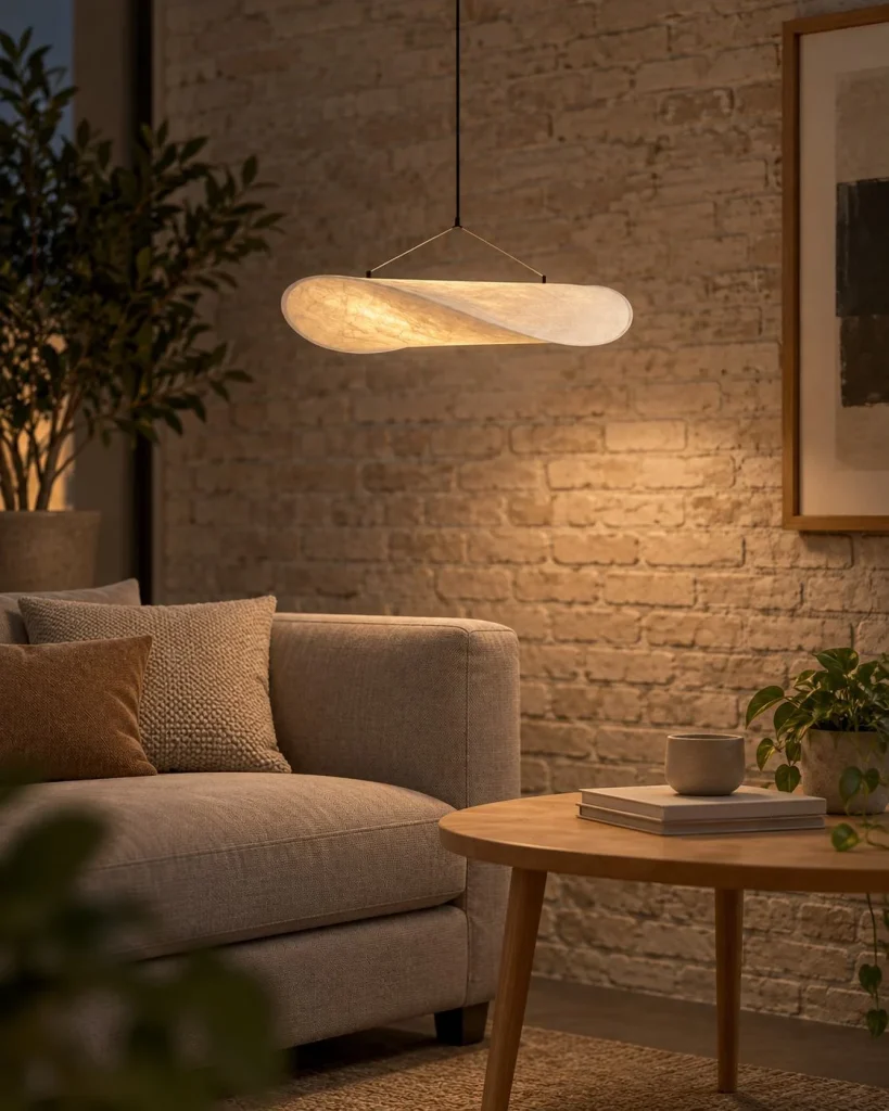 LED-Hängelampe mit leichter Wolkenform MOTRA – Eigenständige ruhige Abendszene mit warmer Beleuchtung, anderer Blickwinkel