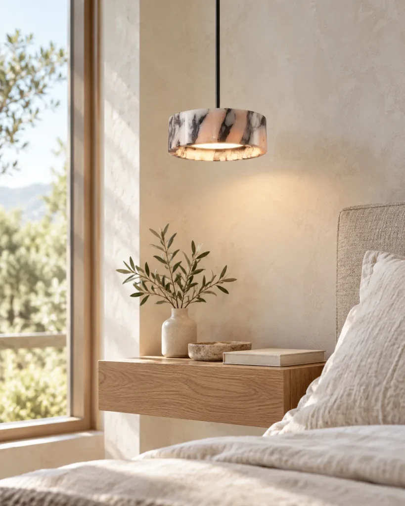Hängelampe CYLA, Ring aus geädertem Marmor, LED – im Schlafzimmer über einem Nachttisch aus hellem Holz, Tageslicht