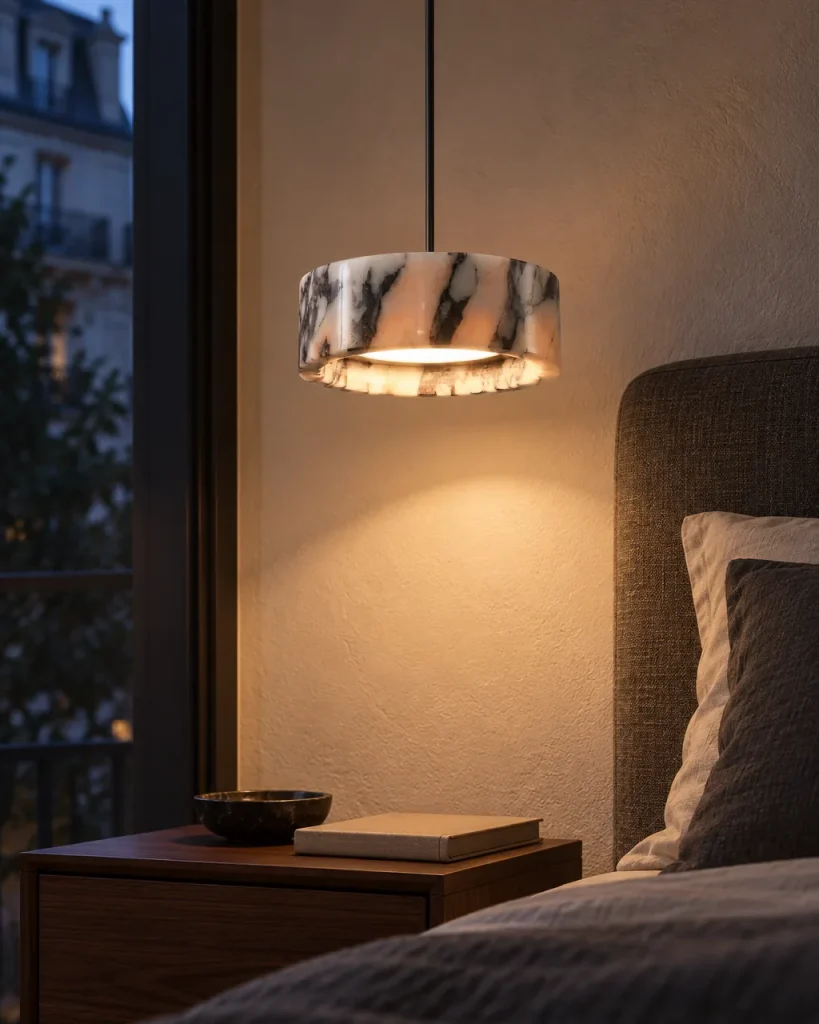Hängelampe CYLA, Ring aus geädertem Marmor, LED – im Schlafzimmer über einem Nachttisch, Abendlicht