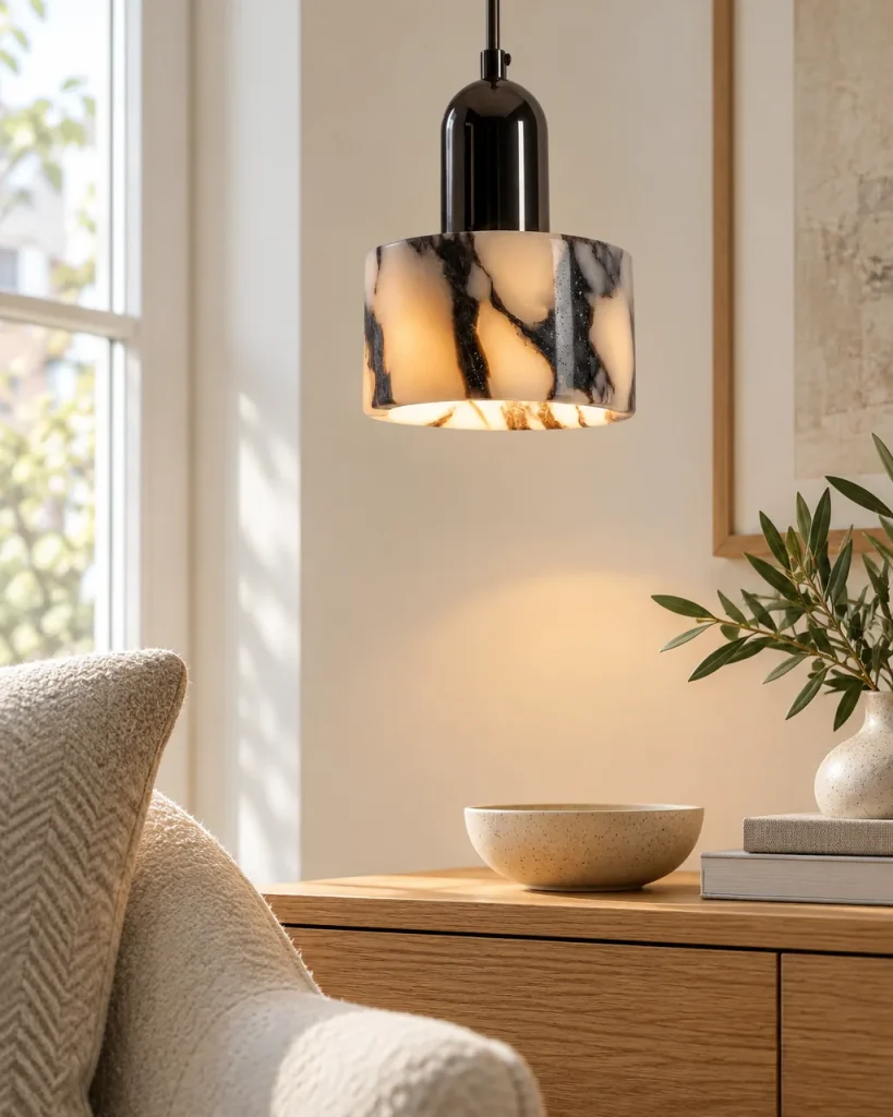 Hängelampe SVEA, kleiner Zylinder aus weissem Marmor, LED – in der Leseecke im Wohnzimmer über einer Eichenkonsole, Tageslicht