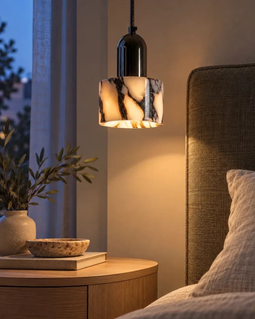 Hängelampe SVEA, kleiner Zylinder aus weissem Marmor, LED – neben dem Bett im Schlafzimmer, Abendlicht