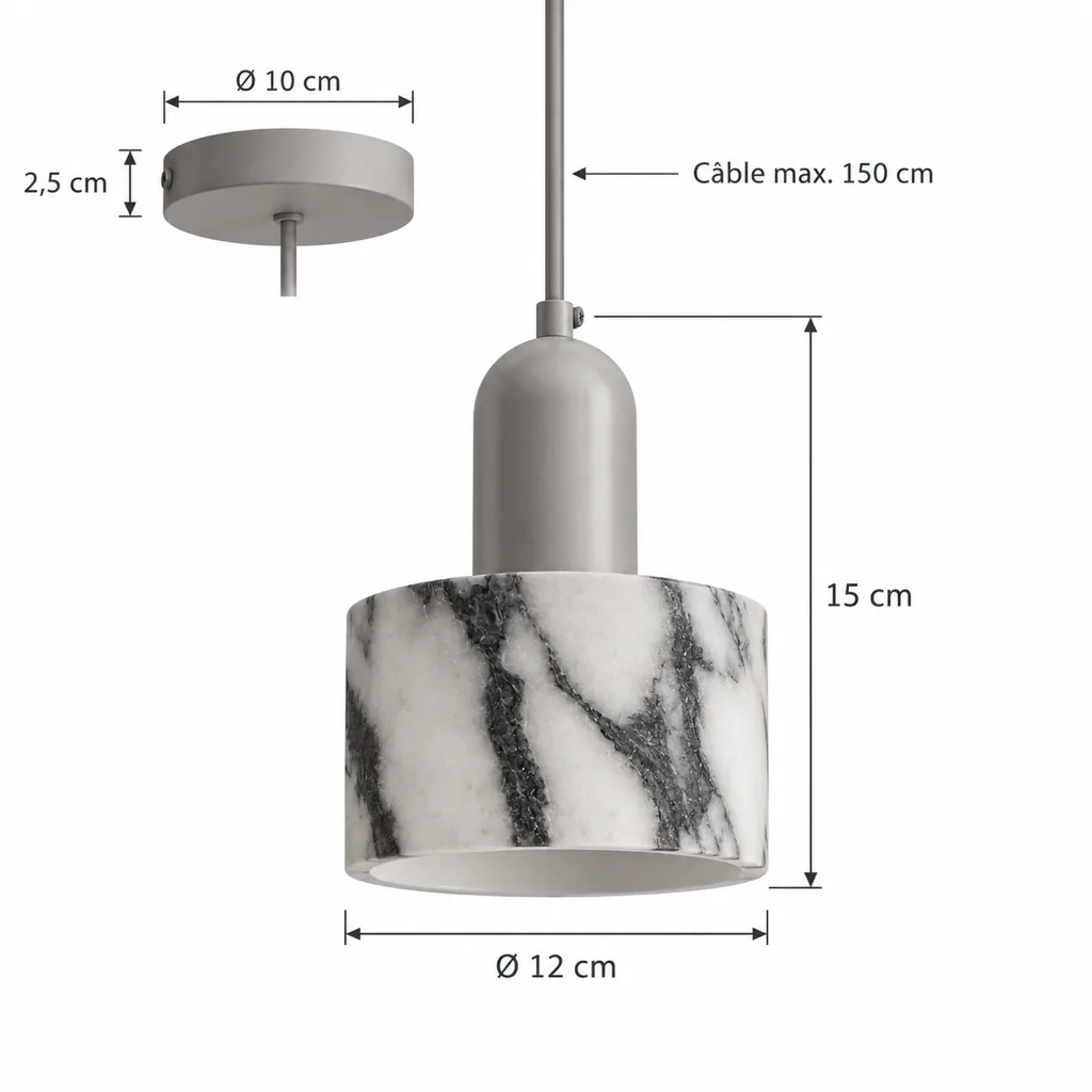 Hängelampe SVEA, kleiner Zylinder aus weissem Marmor, LED – Masszeichnung Ø 12 cm, Höhe 15 cm, Baldachin Ø 10 cm