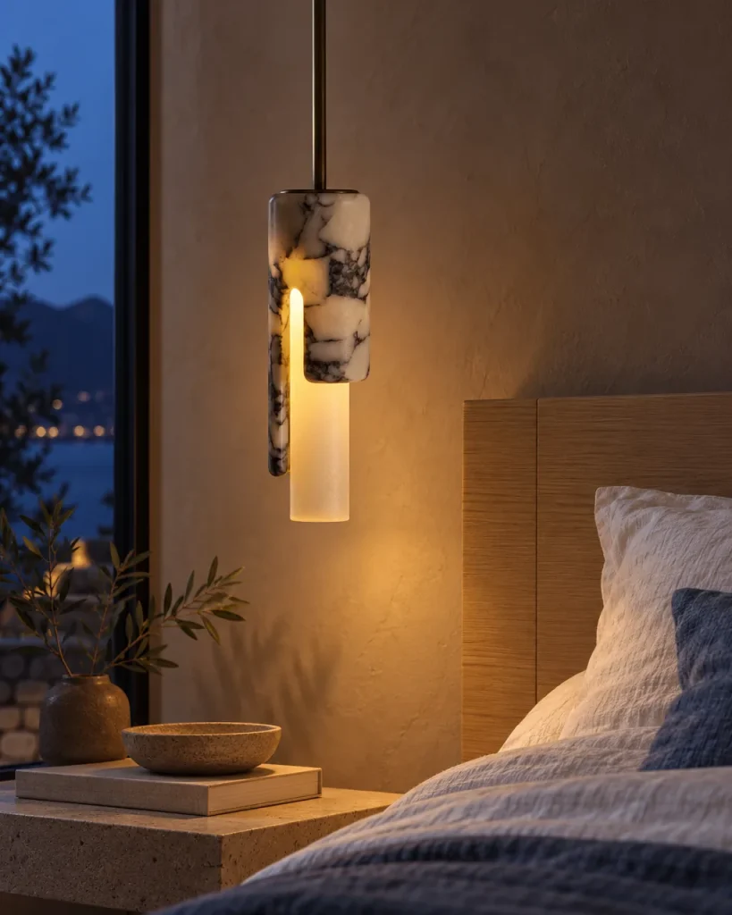 Hängelampe ZORA, Schmaler Marmorzylinder mit seitlicher Lichtöffnung – neben dem Bett über einem Nachttisch, Abendlicht