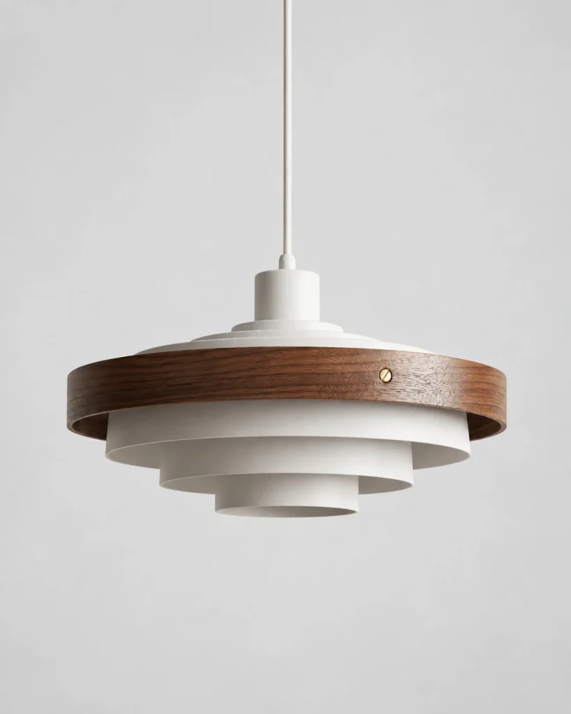 Hängelampe mit Metallschirm und Holzring NOLA – Weiss und Dunkles Holz, Produktfoto