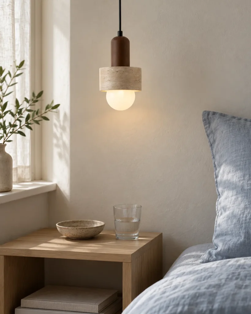Hängelampe LYKTA, kleiner Travertinring mit Holzhals – im Schlafzimmer neben dem Bett, Tageslicht