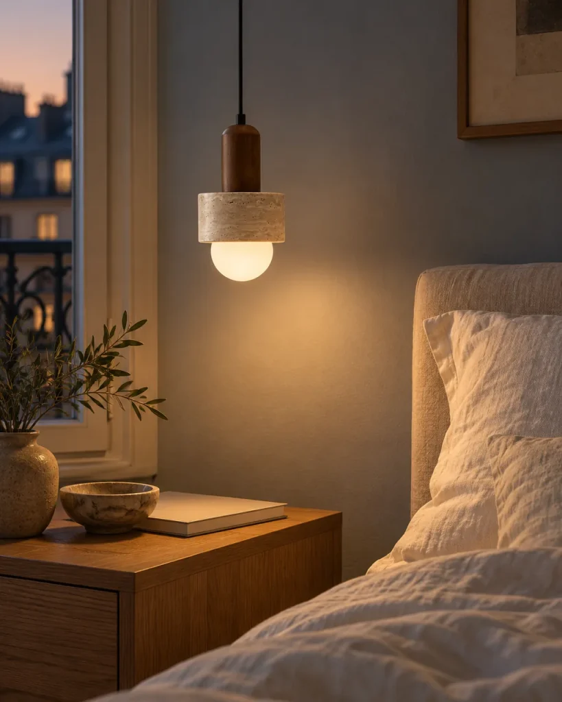 Hängelampe LYKTA, kleiner Travertinring mit Holzhals – neben dem Bett über einem Holznachttisch, Abendlicht