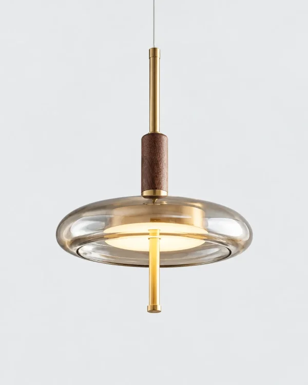 Hängelampe: Glasscheibe mit Messing und Nussbaum, LED – RIVA