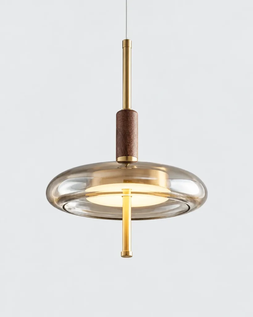 Hängelampe RIVA, Glasscheibe mit Messing und Nussbaum, LED – Rauchglas, Produktfoto