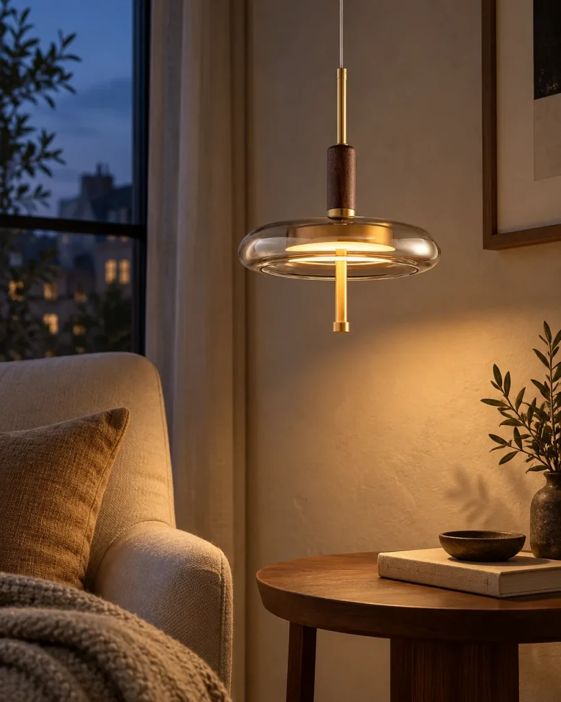 Hängelampe RIVA, Glasscheibe mit Messing und Nussbaum, LED – im Wohnzimmer neben dem Sessel, Abendlicht