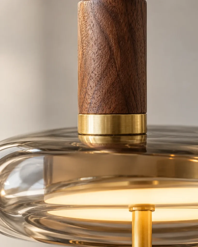 Hängelampe RIVA, Glasscheibe mit Messing und Nussbaum, LED – Detailansicht der Nussbaumhülse, des Messingrings und des Glases