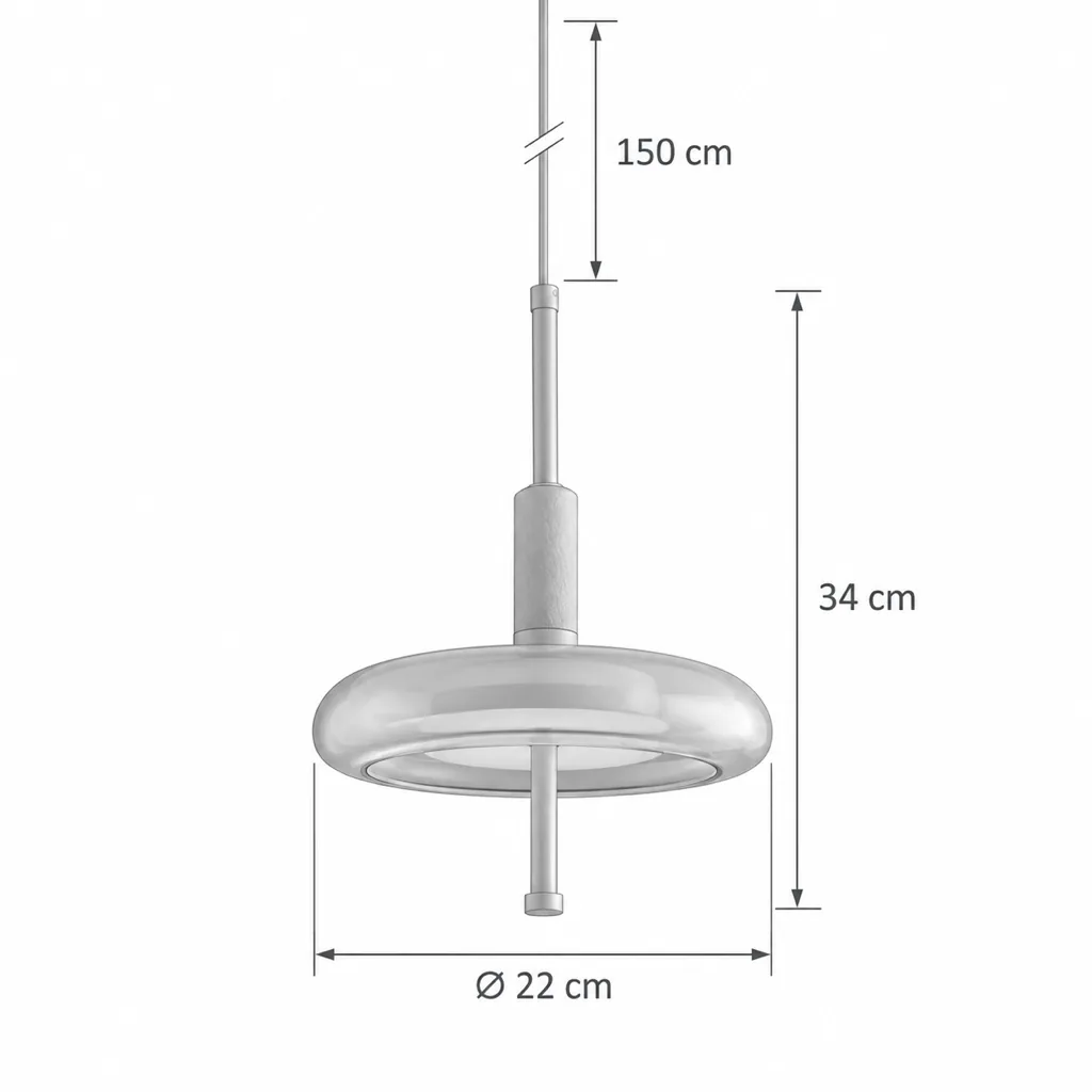Hängelampe RIVA, Glasscheibe mit Messing und Nussbaum, LED – Masszeichnung Ø 22 cm, Höhe 34 cm, Kabel 150 cm