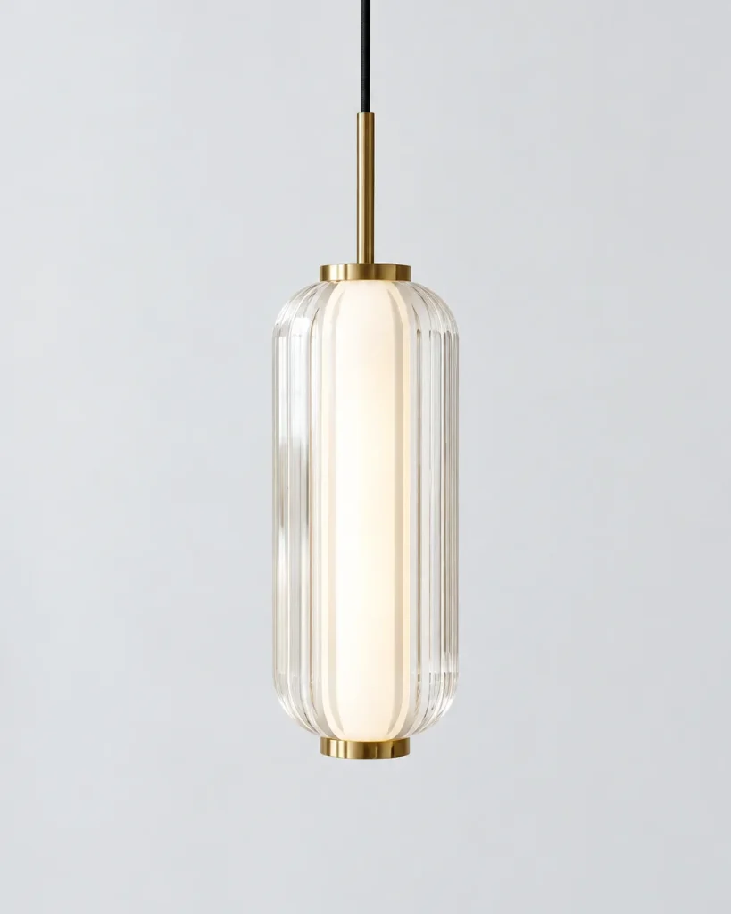 Hängelampe HARDYO, Zylinder aus Riffelglas mit goldenen Ringen – Einfach, 1 Modul aus Riffelglas mit goldenen Ringen, Produktfoto