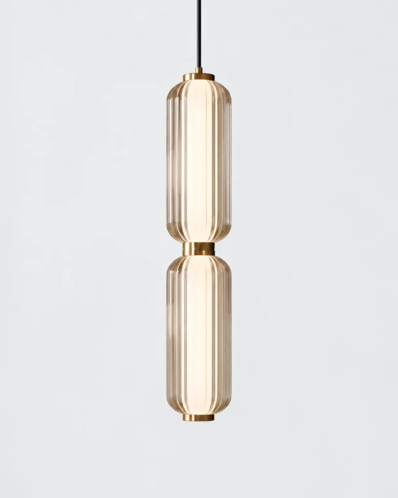 Hängelampe HARDYO, Zylinder aus Riffelglas mit goldenen Ringen – Doppelt, 2 Module übereinander, Produktfoto
