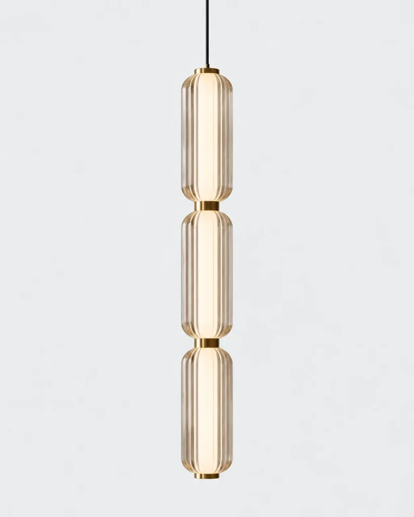 Hängelampe HARDYO, Zylinder aus Riffelglas mit goldenen Ringen – Dreifach, 3 Module übereinander, Produktfoto