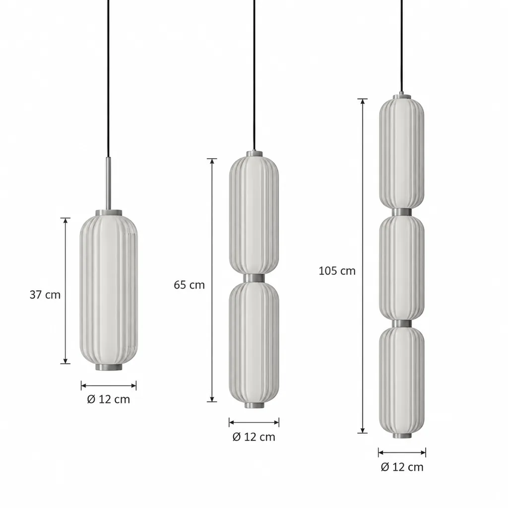 Hängelampe HARDYO, Zylinder aus Riffelglas mit goldenen Ringen – Masszeichnung Höhe 37, 65 und 105 cm, Ø 12 cm