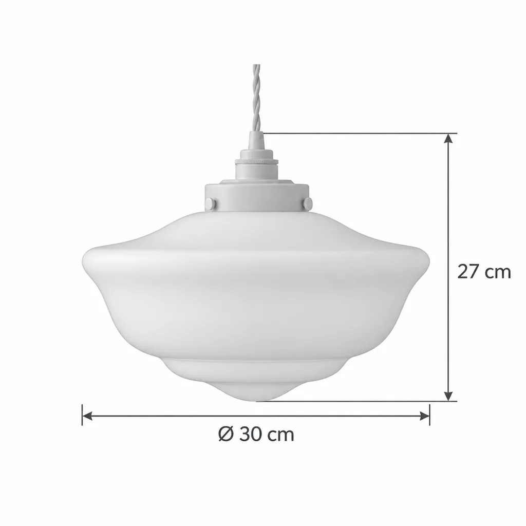 Hängelampe XELIO, Schoolhouse-Pendel aus Opalglas mit Messinggalerie – Masszeichnung gross: Ø 30 cm, Höhe 27 cm