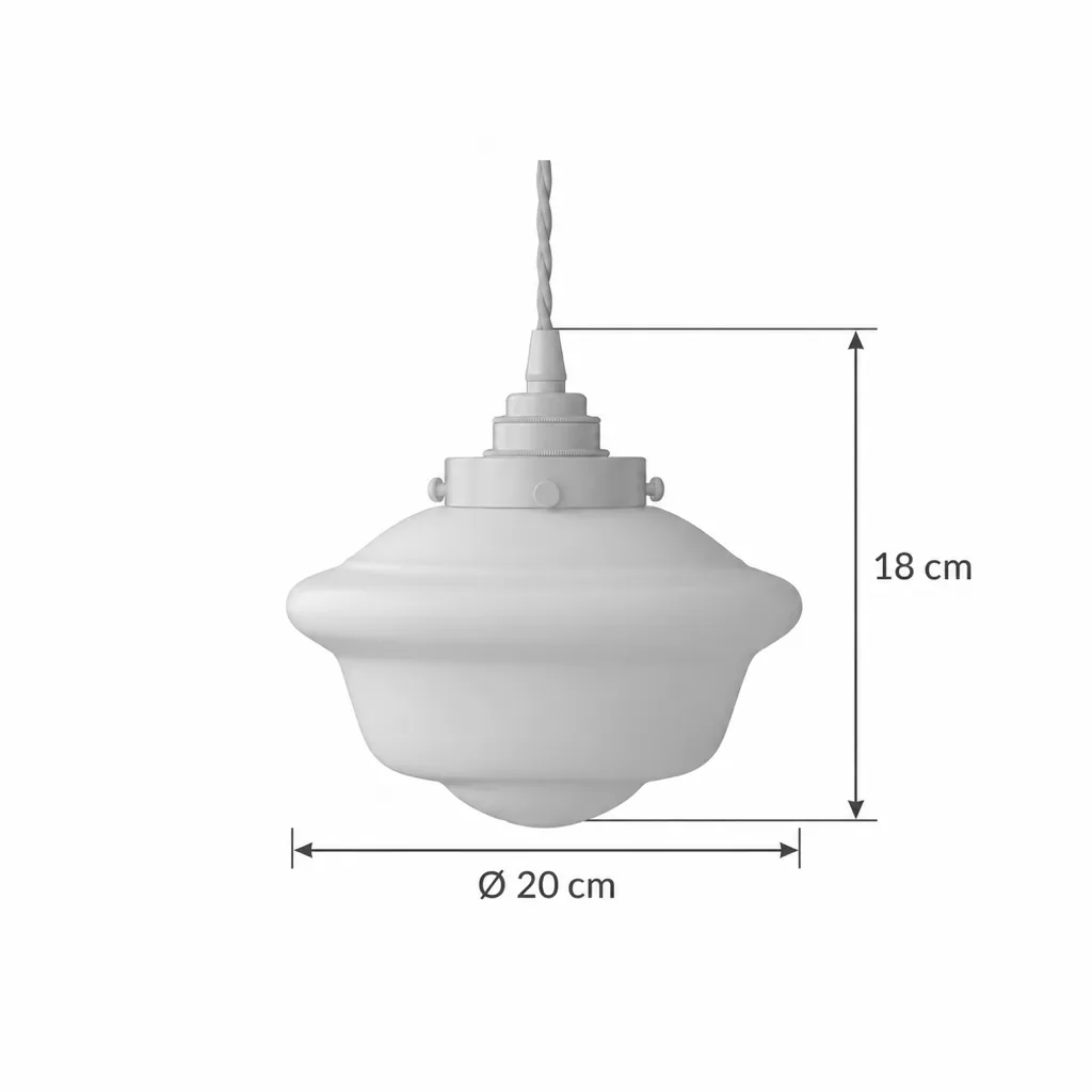 Hängelampe XELIO, Schoolhouse-Pendel aus Opalglas mit Messinggalerie – Masszeichnung klein: Ø 20 cm, Höhe 18 cm