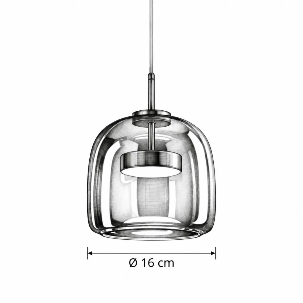 Hängelampe mit verspiegeltem Glasschirm ZONID – Masszeichnung Ø 16 cm